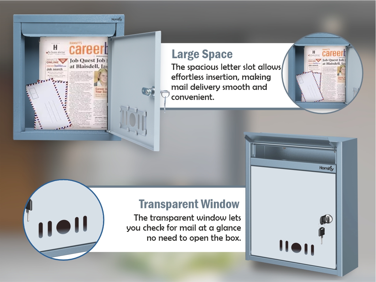 HOMIFLY Wall Mount A4 Size Letter Box/Mail Box/Suggestion Box/Complaint Box for Office/Post Box for Home gate with Clear Window View and Secure Key Lock - (Grey)