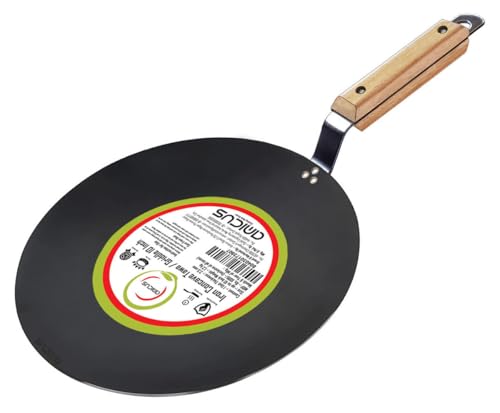 amicus Kitchen Premium Iron Tawa for Roti Chapati Concave Iron Tava with Wooden Handle 10 Inch 1.2 Kg Black Food Grade Smooth 100% Multipurpose Tawa