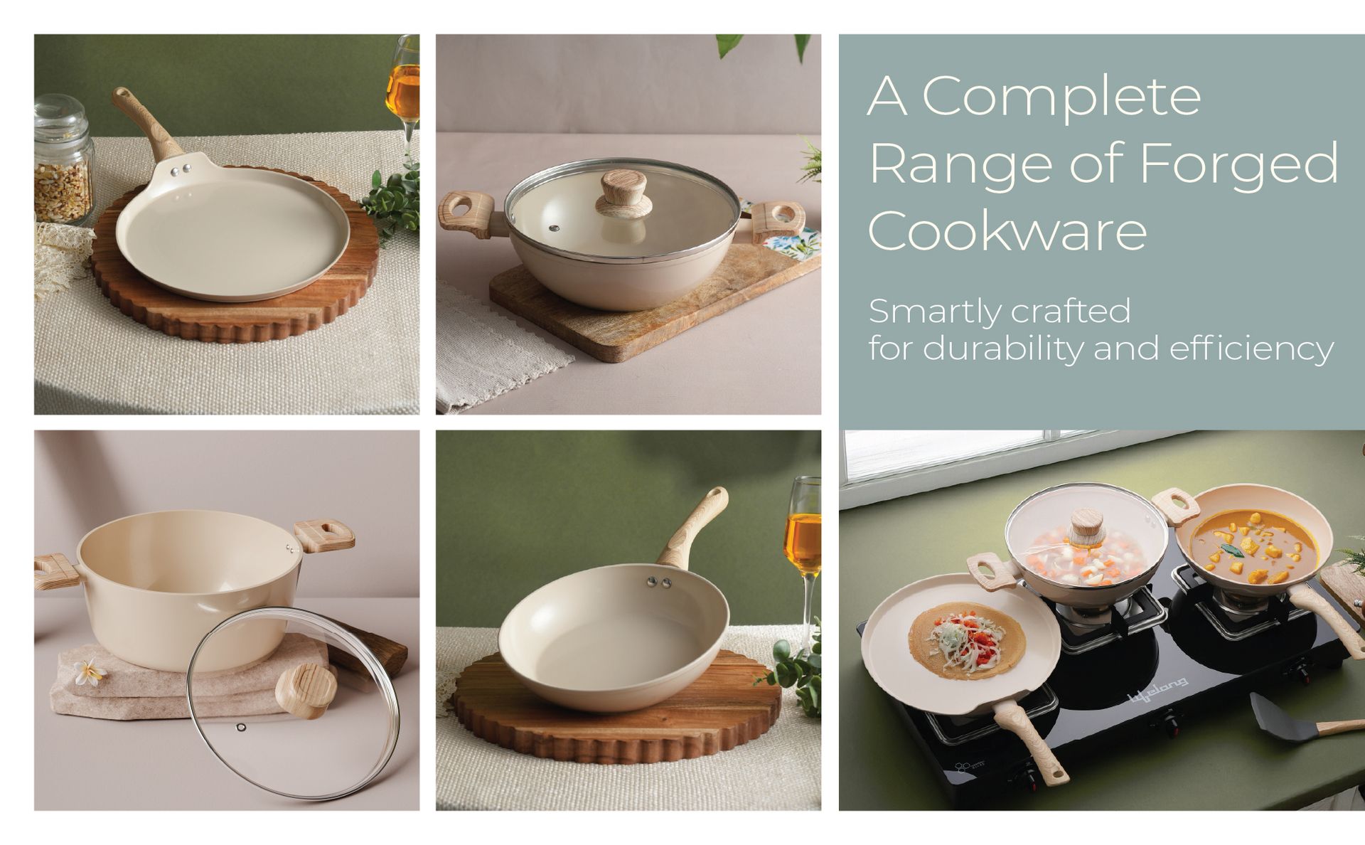 Lifelong 3 Piece Forged Cookware Set With Common Lid |2.2L Kadhai with Lid 24cm |Ceramic Coated |1.4L Fry Pan 24cm | 1.2L Tawa 26cm |Induction & Gas Compatible | Non-Riveted Handle | Non-Stick Coating