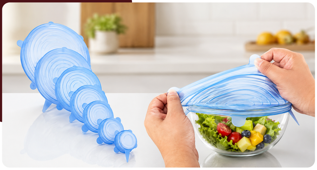 Carrot - Silicone Stretch Lids, Multi Size Reusable Silicone Lids Food And Bowl Covers, Dishwasher And Freezer Safe (Color May Vary) (Pack Of 6 Pcs), 10x10x2 Cm