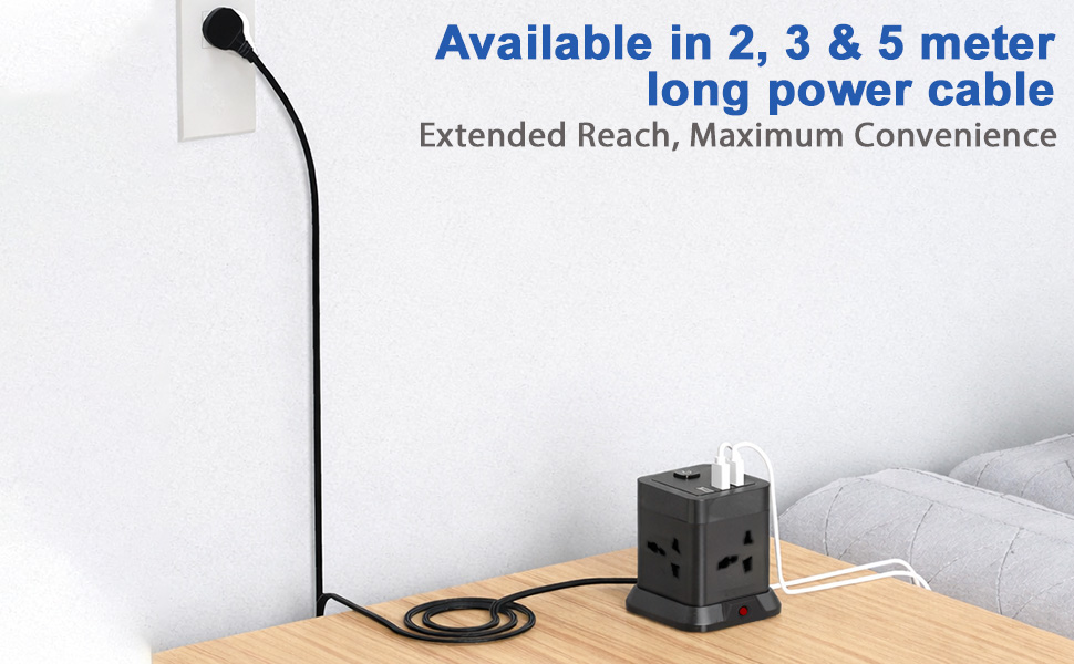 EMBOX Cube Extension Board 5 Meter Cable (QC 3.0)| 2500W Heavy Duty Extension Board with USB Type C Universal Sockets & Master Switch |Compact Extension Cord Safety Shutter & Overload Protector
