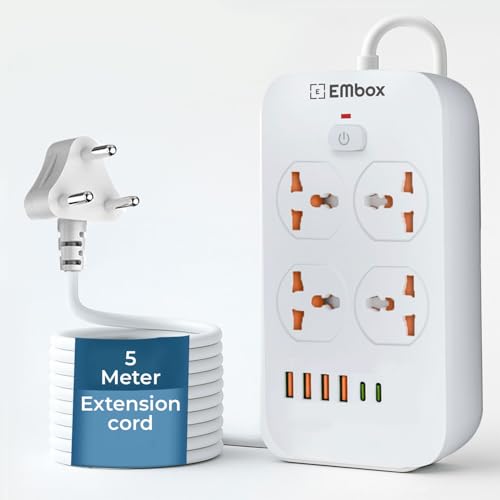 Embox Extension Board 5 Meter Cable with USB Type C | Extension Board with Switches Spike Guard 4 Universal Sockets Extension Cord | Safety Shutter LED Indicator-2500W