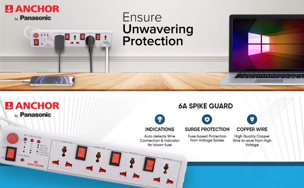 Anchor by Panasonic Spike Guard- 4 Universal Socket Shutter with Individual Switch - 4 Mtr (22569)