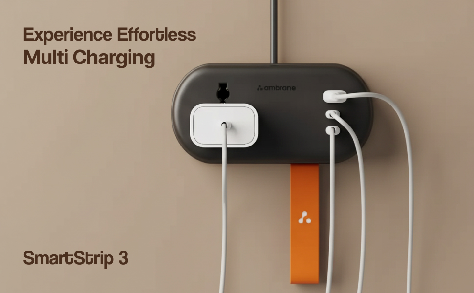 Ambrane Foldable Extension Board, 2 Type C & USB, Perfect for Office, Kitchen, Travels, Charge 4 Devices, Compact Size, AC Socket 2500W, 20W Fast Type C Charging, 1.5m Long Cable (Smartstrip 3 Black)