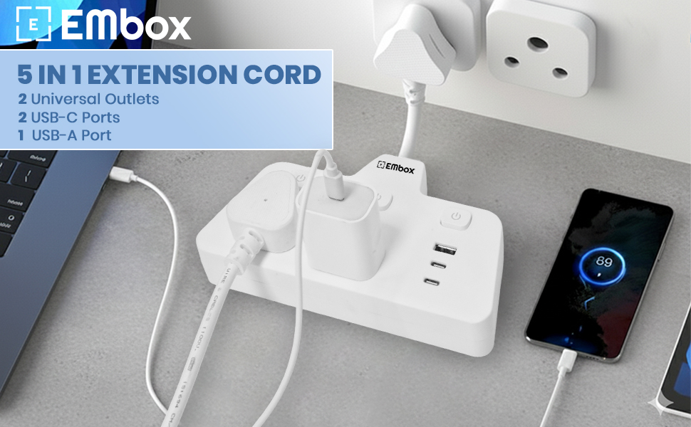 EMBOX 2500W Multi Plug Adapter with Switches| Extension Board with USB C| Fast Charging QC 3.0 Multiplug Socket with 2 Universal Sockets 1Type-A & 2Type-C Ports