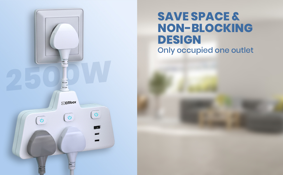 EMBOX 2500W Multi Plug Adapter with Switches| Extension Board with USB C| Fast Charging QC 3.0 Multiplug Socket with 2 Universal Sockets 1Type-A & 2Type-C Ports