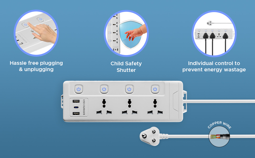 Lapcare Smart Surge Protector with Individual Switch, 250 Volts Extension Board, 3AC Socket 2500W, PD 20w & 2xUSB, 1.5M Copper Cord, Overload Protection, Safety Shutter, Durable PP Body