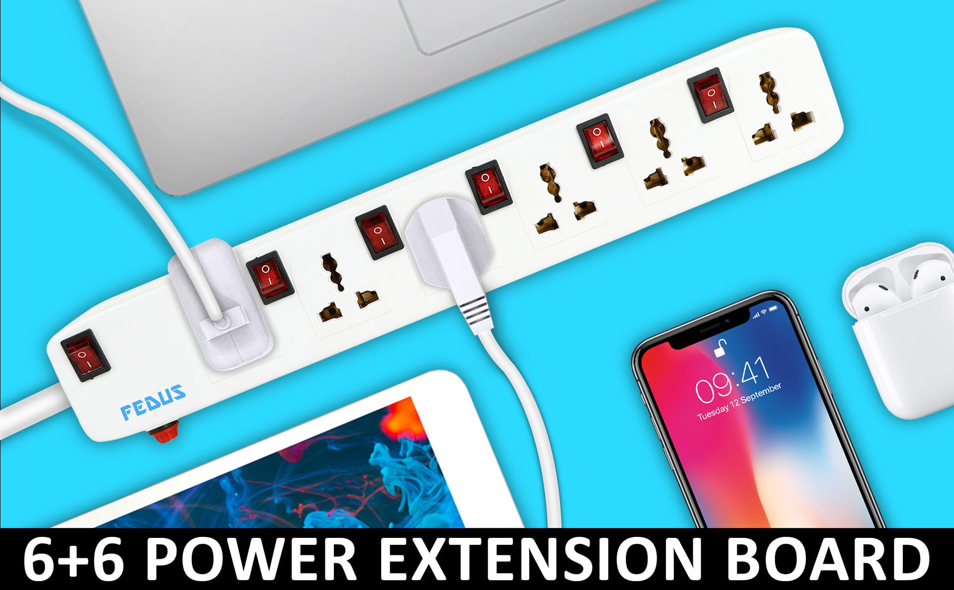 FEDUS 13 Feet Long Extension Board Extension Box | Spike Guard 6 Socket 6 Switch Junction Box with Switch, Extension Cords Cord, Spike Buster, Extension Board with 4m Wire (6 Socket 6 Switch), White