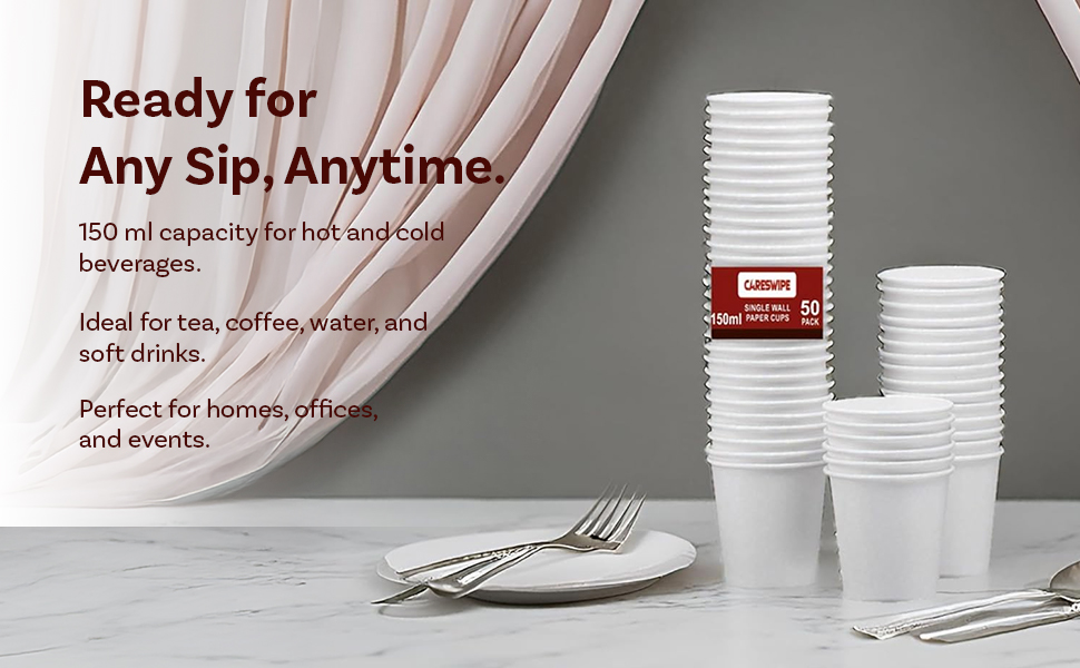 Paper Cups 50 Pcs, Disposable Cups, 150 ML Hot & Cold Beverage Tea, Cofee, Water Cups for Parties, Events, Offices, and Homes