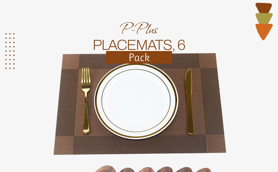 P-Plus International Placemats Place Mats for Kitchen Dining Table, Heat-Resistant StainAnti-Skid Washable PVC Table Mats,Vinyl Dinner Mats (Brown, 6 Pack)