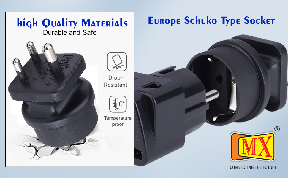 MX 3 Pin Indian Plug to Europe Schuko Socket Adapter 15A, Heavy Duty Power Plug Converter, Compatible with Indian 3 Pin Plug to EU Schuko Socket, Compact Travel & Home Use Adapter