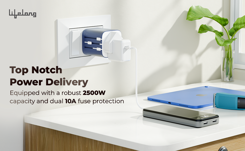 Lifelong Electronics 10A Universal Travel Adapter All in One | 2500W Heavy Duty Power | 180+ Countries - Europe/US/UK/AU/Asia etc. | 9-Hole International Worldwide Socket Accessories (Latest Launch)
