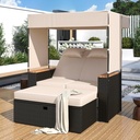 2-Piece Outdoor Rattan Daybed, Patio Loveseat Sofa Bed with Bench Lounge Roof Set and Cushions for Poolside, Backyard and Garden (Beige)