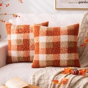 Orange Plaid Fall Throw Pillow Covers 18x18 Inch Set of 2, Boucle Decorative Pillow Covers,Cozy Fluffy Home Living Room Farmhouse Decor for Sofa Couch Bed