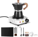 ele ELEOPTION 7-in-1 Moka Pot Espresso Set, Stovetop Coffee Makers set with Coffee Grinder and Coffee Bean Storage, Spoon, Heater Base for Gifts, Travel Black