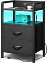Night Stand Bedside Charger Bedroom - Nightstand with Charging Station & LED Light Strip, Night Stand with Storage Shelf & 2 Fabric Drawers, Morden End Table with U-S-B Ports & AC Outlets