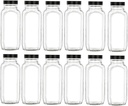 Nakpunar 16 oz Glass French Square Bottle Set w/Black Plastic Lid - Wide mouth with BPA Free, Airtight, Leak Proof Lids for Fruit Juices, Kombucha, Dressings (Black, 12)