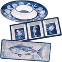 Oceanic 3-Piece Melamine Hostess Set – Includes Chip & Dip Server, 3-Section Relish Tray, and Rectangular Fish Platter – BPA-Free, Break-Resistant, Dishwasher Safe – Perfect for Indoors or Out