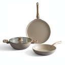 Set di pentole forgiate lungo 3 pezzi con coperchio comune |2.2L Kadhai con coperchio 24cm |Ceramic Coated |1.4L Fry Pan 24cm | 1.2L Tawa 26cm |Induzione e gas Compatibile | Maniglia non rivestita | Rivestimento non preciso
