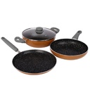 Prestige Omega Deluxe Cuoco non standard 3 Pc Set |PFOA Free 5-Layer Coating | Omni Tawa 25 cm | Fry Pan 24 cm | Kadai con Glass Lid 24 cm | Brown | Lavastoviglie