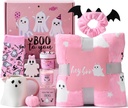 Pink Halloween Gifts for Women Teen Girls, Boo Basket Stuffers for Adult Women with Boo Blanket and Mug Scented Candles Halloween Socks for Mom Sister