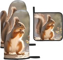 Oven Mitts and Pot Holders 3 pcs Heat Resistant Oven Mitt for Cooking Squirrel Funny Animal Non-Slip Kitchen Oven Glove Washable Oven Mittens for Microwave Baking BBQ