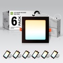 ASD 6 Pack LED Square Recessed Lighting 6 Inch, 5 CCT 2700K-5000K CRI90+, 15W 60W Eqv, Ultra Thin Dimmable Ceiling Lights with J Box, Canless Wafer Downlight, Slim Panel Light, UL Energy Star, Black