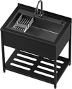 Stainless Steel Utility Sink, 36.6" × 24.2" × 36.6"Freestanding Sink with Cold and Hot Water Faucet,Hoses and Drain Kit for Kitchens, Bathrooms, Garage, Laundry Room