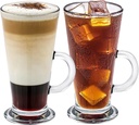 Crystalia Tall Irish Coffee Mugs with Handle, Large Colombian Glasses Set of 2, Tall Funnel Clear Glasses for Iced Coffee, Latte, Cappuccino, and Hot Chocolate, Big Plain Glass (Large 12 oz)