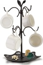Coffee Mug Holder for Large Mugs, Mug Tree for Counter, Cup Holder for Countertop, Mug Rack with Tray, Metal Mug Tree with 6 Hooks, Coffee Counter Bar Accessory & Kitchen Home Organizer