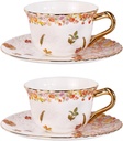 KAMMAK Tea Cups and Saucers Set of 2, Reinforced Porcelain Coffee Cups, 8.5-Ounce Stackable Espresso Mugs, Ceramic Demitasse for Coffee, Cappuccino, Latte, Americano, Tea, Secret Flourish
