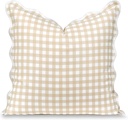 Hofdeco Premium Coastal Hampton Scalloped Patio Indoor Outdoor Throw Pillow Cover Only, 20"x20" Water Repellent for Backyard, Couch, Poolside, Neutral Tan Print Gingham