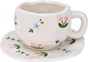 Koythin Ceramic Coffee Mug with Saucer Set, Cute Creative Pink and Blue Floral Cup Unique Irregular Design for Office and Home, 10 oz/300 ml for Latte Tea Milk
