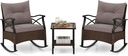 HAPPYGRILL 3 Pieces Patio Wicker Rocking Bistro Set, Wicker Rocker Chairs Set with 2-Tier Coffee Table & Cushions, Rattan Outdoor Rocking Chair Conversation Set for Backyard, Front Porch, Poolside