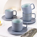 Large Cappuccino Cups with Saucers Set of 4, 8 Ounce Stackable Embossed Ceramic Coffee Mugs for Specialty Coffee Drinks, Latte, Cafe Mocha and Tea, Dishwasher & Microwave Safe (Blue)
