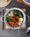 Korean Stone Bowl Induction Base with Glass Lid Cookware Granite Stone Bowl with Wood Base, Thicken Stone Bowl, for Bibimbap Soups Hot Pot, 11in with Tray,11in