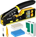 RJ45 Crimp Tool Pass Through Kit Ethernet Crimper Cat5 Cat5e Cat6 Crimping Tool for RJ11/RJ12 6P/8P with Network Lan Cable Tester, 50PCS Cat6 Connectors, 50PCS Boots, Mini Cable Stripper