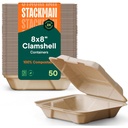 Stack Man 100% Compostable Clamshell Take Out Food Containers [8X8 50-Pack] Heavy-Duty Quality to go Containers, Natural Disposable Bagasse, Eco-Friendly Biodegradable Made of Sugar Cane Fibers