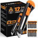 REXBETI 12-Pack Utility Knife, Retrattile Box Cutter per cartoni, cartone e scatole, 18mm Wider Razor Sharp Blade, Meccanismo Smooth, Perfetto per l'uso domestico e dell'ufficio