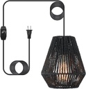 Plug-in Pendant Light,Hanging Lights Fixture With 15ft Cord On/Off Switch,Black Handwoven Rattan Basket Shade Boho Lamp for Bathroom Staircase Kitchen Island Dining Room Bar Bedroom Foyer Hallway Cafe